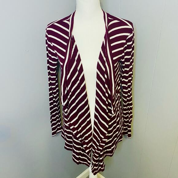 Juniors So Waterfall Open Front Cardigan Burgundy Red & White Stripes - Picture 3 of 9
